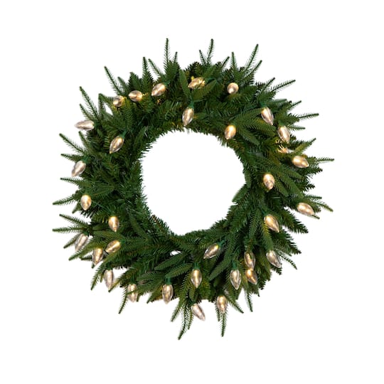 24in. Pre-Lit Artificial Luxembourg Pine Christmas Wreath W/ 35 Multicolored Traditional Bulb LED Lights By Nearly Natural , 24" x 4" x 24" ,